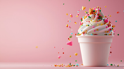Poster - Delicious ice cream sundae topped with colorful sprinkles and soft pastel colors, creating joyful and vibrant dessert experience