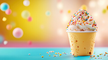 Poster - Richly textured ice cream sundae topped with colorful sprinkles, served in yellow cup. vibrant background adds cheerful atmosphere, perfect for dessert lovers