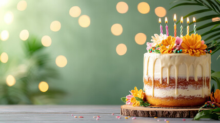 Poster - beautiful birthday cake decorated with frosting, flowers, and candles, set against soft green background with bokeh lights, creating festive atmosphere