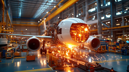 Leinwandbilder - detailed view of aircraft engine being assembled in modern aerospace facility, showcasing sparks and intricate machinery. atmosphere is dynamic and industrial