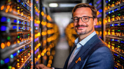 Poster - smiling engineer in server room surrounded by illuminated servers, showcasing advanced technology and maintenance work