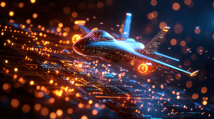 Aufkleber - Futuristic aircraft design with glowing circuits and digital elements, showcasing advanced aerospace technology and innovation in flight. stunning visual representation of modern engineering