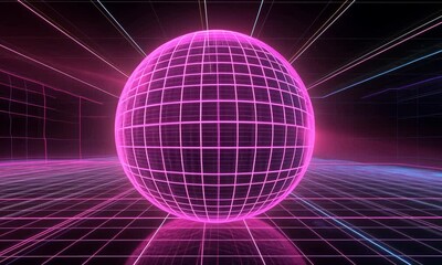 Poster - Retro Futuristic Pink Sphere in a Neon Gridded Digital World