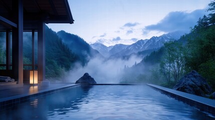 Wall Mural - Serene mountain retreat with tranquil hot springs at dusk