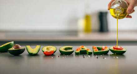 Wall Mural - Avocado halves with cherry tomatoes drizzled with olive oil on black background