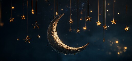 Poster - A crescent moon surrounded by hanging stars in a dreamy night sky.