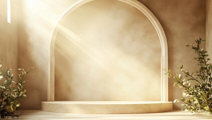 Poster - A serene, illuminated space with an arch and greenery for presentations.