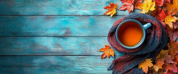 Poster - Autumnal beverage on rustic wood with scarf and leaves.