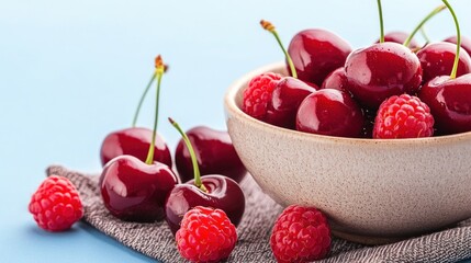 Wall Mural - A bowl of fresh cherries with raspberries on a textured surface.