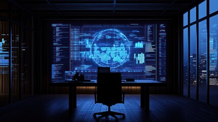 Poster - Night City Global Network Monitoring Center Futuristic Control Room Data Analytics Display