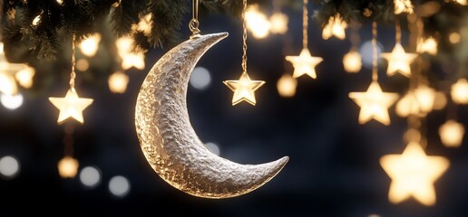 Poster - A shimmering crescent moon surrounded by glowing stars, evoking wonder.