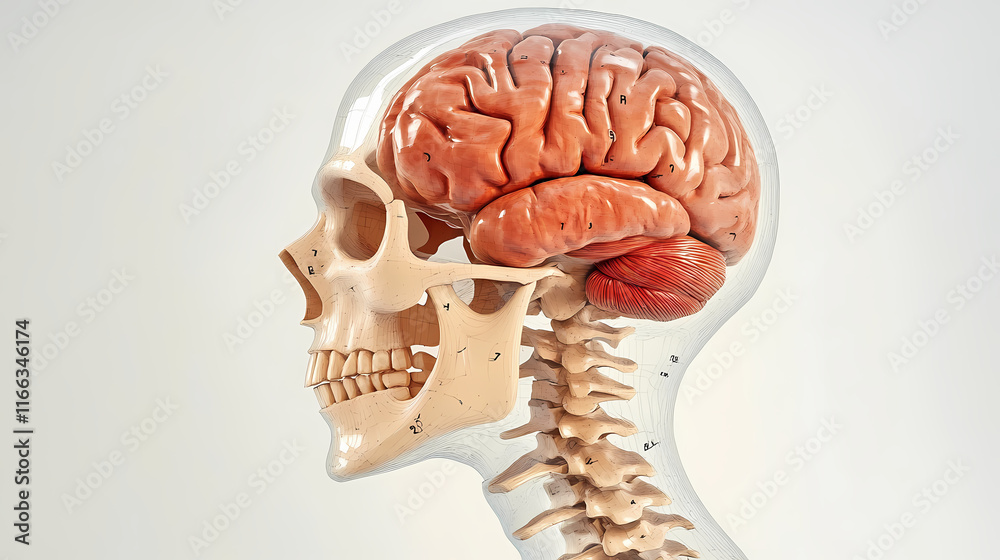 A 3d visual of a human skull, with labeled bones and the brain visible ...