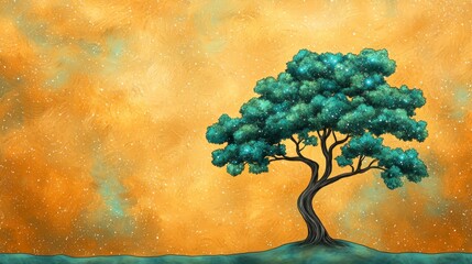 Poster - Vibrant Tree Silhouette Against Colorful Abstract Background with Stars and Texture