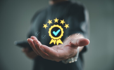 Poster - Businessman shows the sign of the top service Quality assurance 5 star, Guarantee, Standards, ISO certification and standardization concept, the best of product and service, the best quality very good