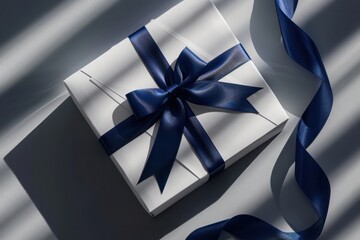 Top view of image of gift with blue ribbon and box