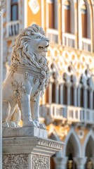 Poster - A marble lion statue stands guard in front of a beautifully ornate building.