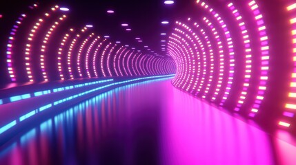 Wall Mural - neon lights illuminate a vibrant, curving tunnel with reflective floor.