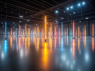 Poster - vibrant light installation art exhibition urban gallery contemporary artwork modern space wide angle