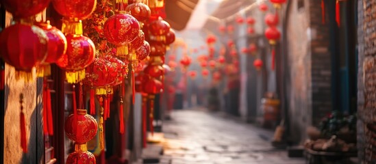 Red lanterns hanging on buildings line a narrow, cobblestone street in China.