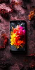 Poster - A smartphone displaying a stunning explosion of vibrant colors, set against a textured backdrop that enhances its visual appeal, creating an inviting and dynamic atmosphere.