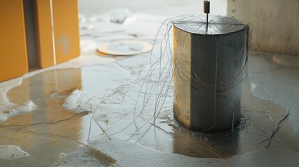 Poster - A metallic cylinder with wires on a wet floor in a modern setting.