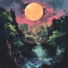 Wall Mural - A serene landscape featuring a vibrant full moon, lush greenery, and a tranquil waterfall.