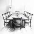 © LyceeChee - Long Wooden Table With Many Chairs Sketch Drawing