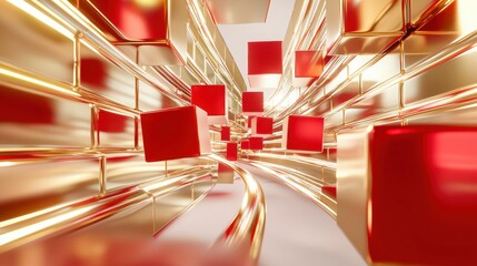 Poster - Dynamic red cubes flowing through abstract golden pathway digital art modern design futuristic concept
