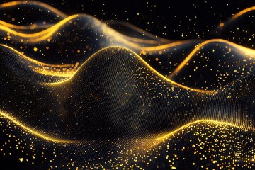 Poster - Golden particles dancing in abstract waves digital art dark background light patterns conceptual exploration