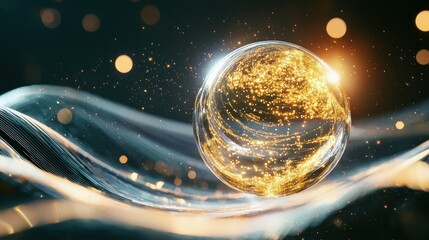 Poster - Glowing sphere with fragmented golden reflection cosmic background digital artwork abstract art inspirational concept