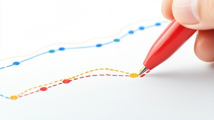Leinwandbilder - A hand holding a red pen draws on a graph with colorful lines, indicating data trends and analysis.