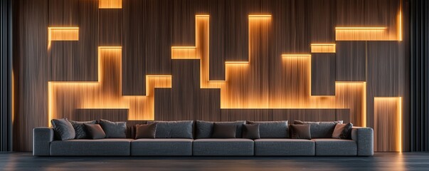 Aufkleber - A modern interior featuring a stylish gray sofa against a wooden wall illuminated with geometric LED light patterns.