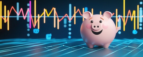 Aufkleber - A cheerful piggy bank stands on a digital financial graph, symbolizing savings and investment strategies in a modern economy.