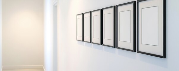 Aufkleber - A minimalist hallway featuring five empty picture frames against a light-colored wall, creating a serene and clean aesthetic.