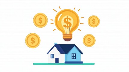 Aufkleber - A house with a light bulb symbolizes innovative ideas for generating income, surrounded by dollar coins representing financial growth.