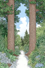 Wall Mural - A Tranquil Pathway Surrounded by Lush Green Trees and Vibrant Foliage in a Natural Setting