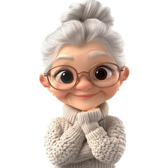 Poster - Heartwarming animated scene featuring elderly woman in cozy sweater animated style indoor setting joyful vibe isolated on transparent background