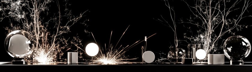 Poster - A minimalist display featuring spherical objects and sparks against a dark background.