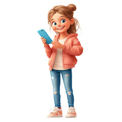 Poster - Happy girl with smartphone urban setting digital art cheerful environment playful concept for engagement isolated on transparent background