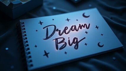 dream big is written in neat, handwritten text on a textured notepad, arranged in a flat lay style against a dark, moody background