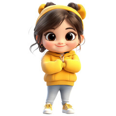 Poster - Cheerful cartoon girl in yellow hoodie digital art playful environment whimsical viewpoint isolated on transparent background