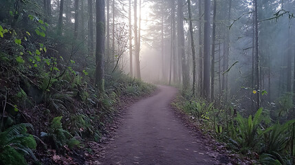 Wall Mural - Misty forest trail at dawn, with soft light breaking through the fog and highlighting the surrounding greenery 
