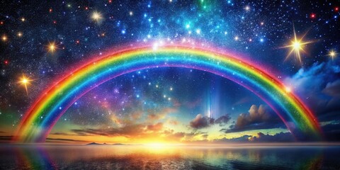 Wall Mural - Celestial Rainbow Arch Over a Tranquil Ocean at Sunset with Sparkling Stars