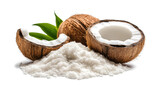 side view on ground coconut flakes powder pile heap isolated on white background