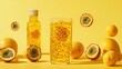 © hafidz - Refreshing passion fruit drink in glass bottle and glass, with levitating fruit slices on yellow background.