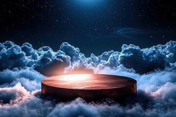 Wall Mural - 3D Render of a Natural Podium Surrounded by Clouds Under a Starry Sky with Dramatic Lighting Effects