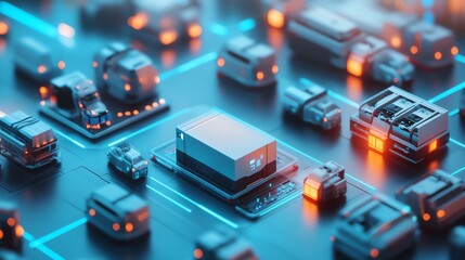 futuristic transportation network with digital vehicles and smart logistics system.