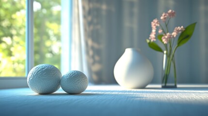 Two textured spheres, white vase, flowers, window light.