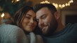 © alisya - Couple cuddling on couch with Christmas lights in background, cozy winter scene