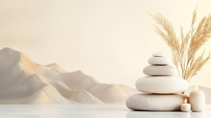 Wall Mural - Peaceful stones, candles, and pampas grass create a serene zen atmosphere.